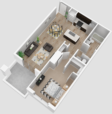 Floor plan for 1 bed, 1 bath, 726 sqft
